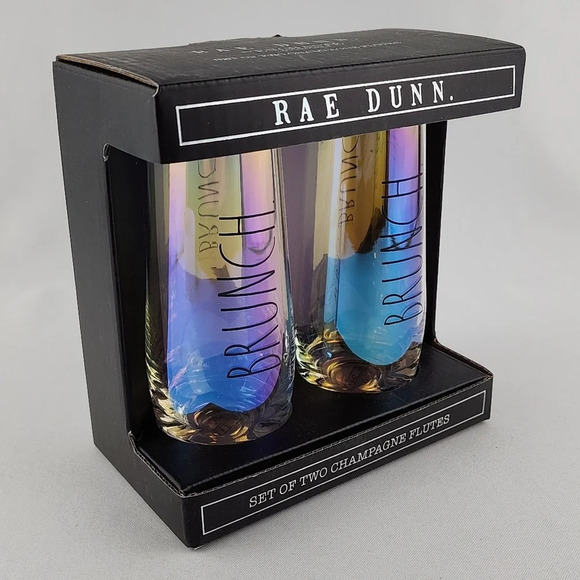 Rae Dunn Enchanted Irridescent 2  Stemless Champagne Flutes BRUNCH Large Letters - Picture 1 of 8